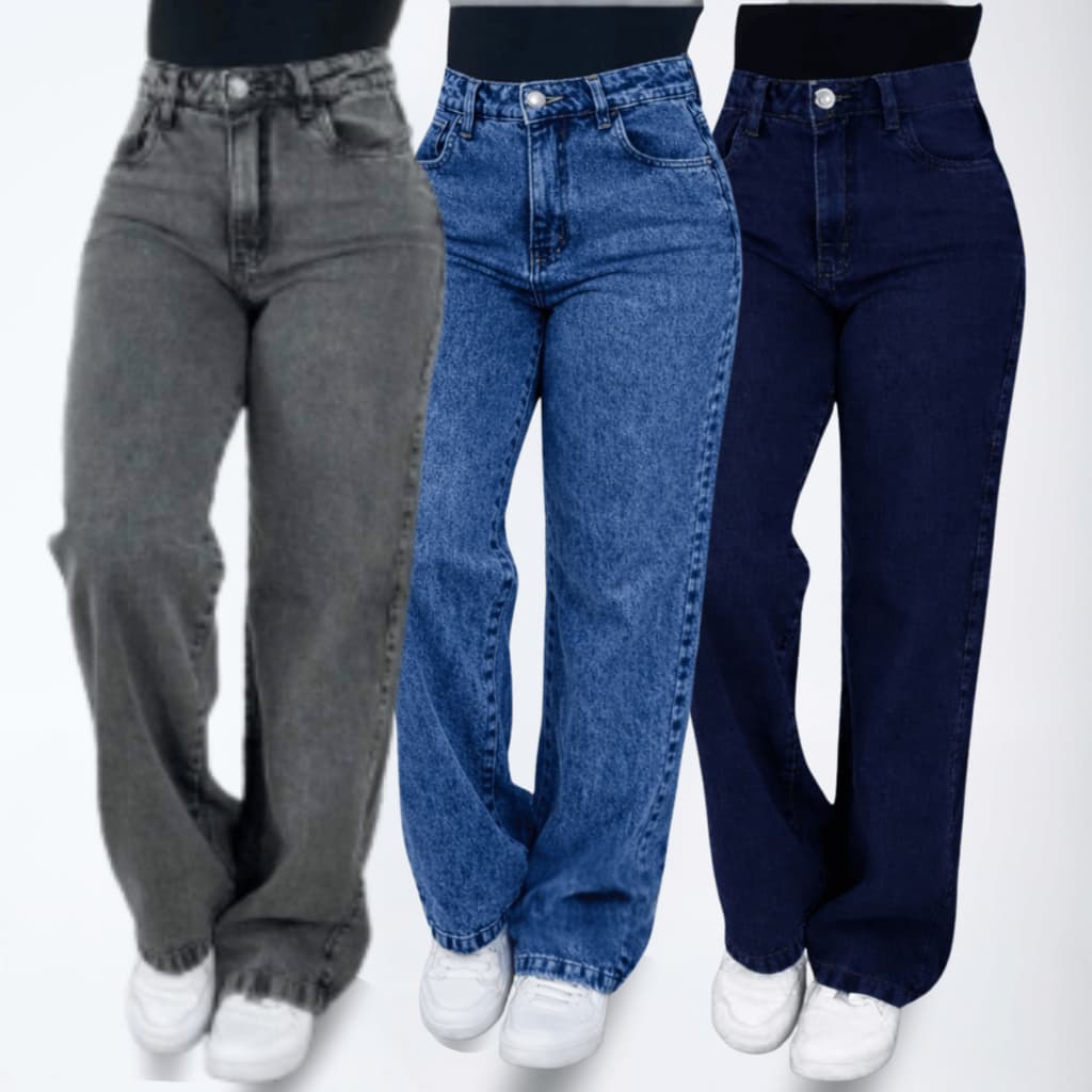 Kit 2 Wide Leg Feminina Jeans 100% Marmorizada Cintura Alta Pantalona Premium
