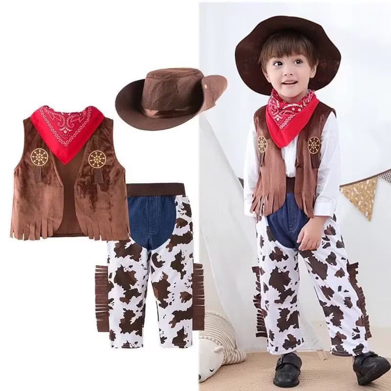 Fantasia de vaqueiro cowboy fazenda  meninos, roupas infantis cosplay, conjunto com colete + calça + cachecol + chapéu