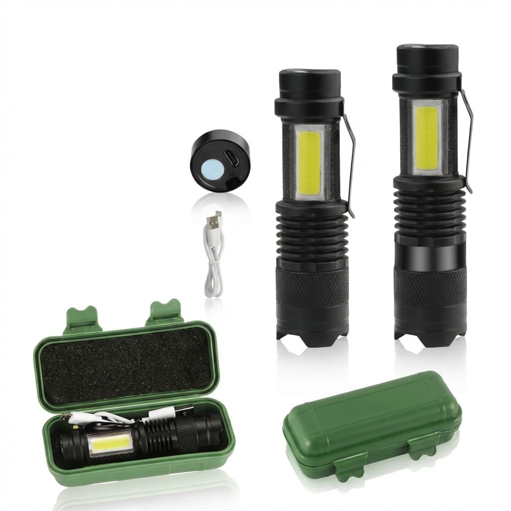 Lanterna Telescópica USB com Luz Frontal e Painel Lateral para Iluminação Wassay Portátil com Zoom e Estojo Rígido
