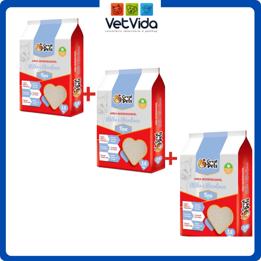 AREIA DE MILHO E MANDIOCA GREAT PETS PARA GATOS TORRÕES ESTANTANEOS E SEM ODOR kit COM  3 PACOTES.
