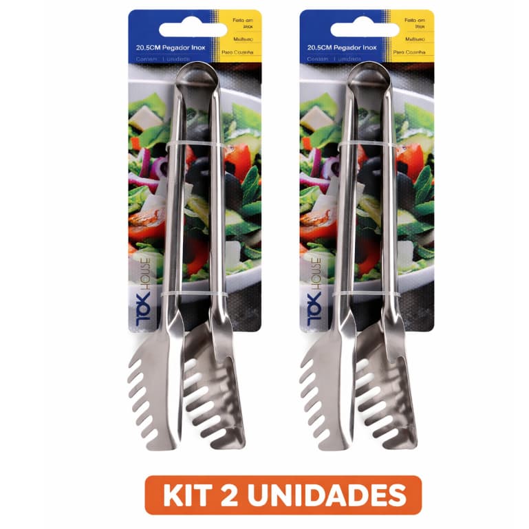 KIT 2 Pegador de Cozinha Inox 20,5cm Multiuso Profissional Resistente Salada Carne Churrasco