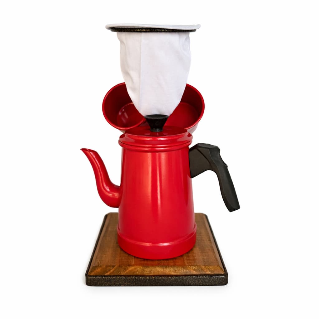 Jogo de Café Vermelho com Mancebo Madeira e Ferro Bule 500ml 2 Canecas 120ml Coador Suporte 30cm Kit Café Rústico