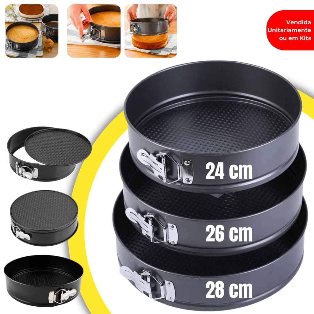 Kit até 3 Formas com Fundo Removível Antiaderente para Bolo Torta Redonda Tortas Bolos