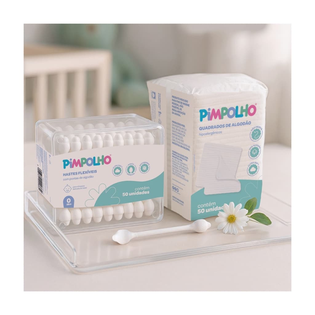 Combo Pimpolho – 50 Hastes Flexíveis + 50 Quadrados de Algodão