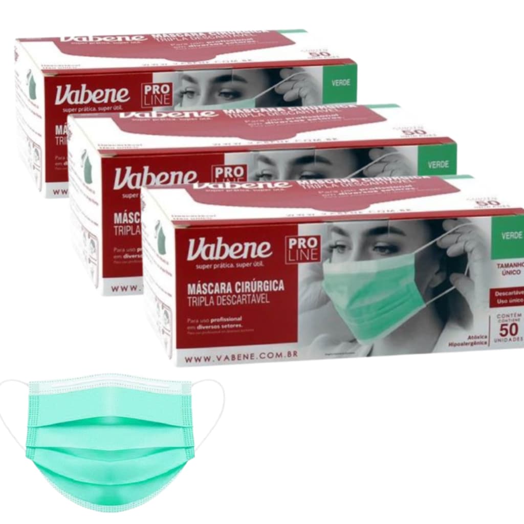 50 / 100 / 150 Máscara Tripla C/ Elástico E Clip Nasal Anvisa Verde Vabene