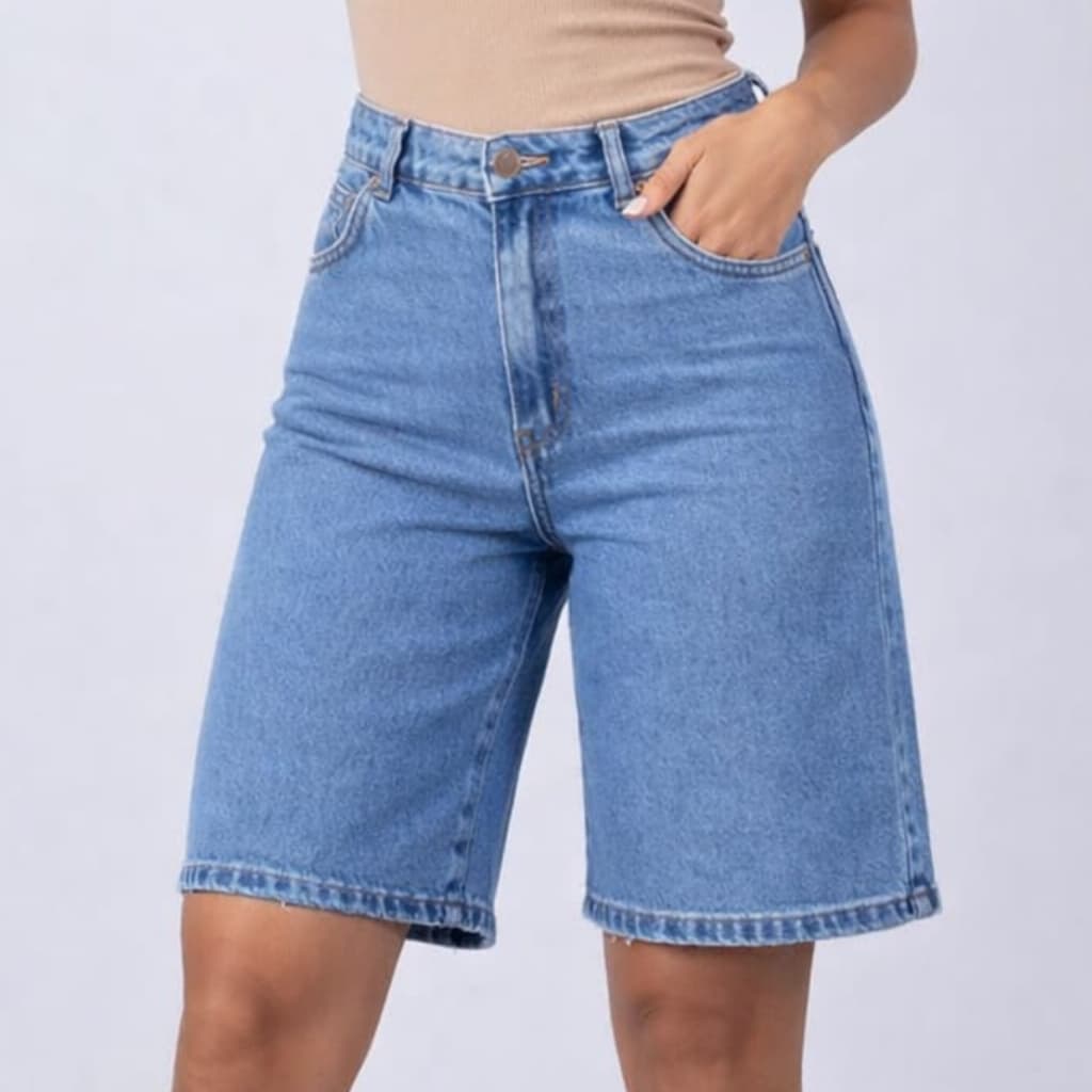 Short Bermuda Feminina Jeans Jort Cintura Alta 100% Algodão Moda Blogueira Cós Alto Ciclista