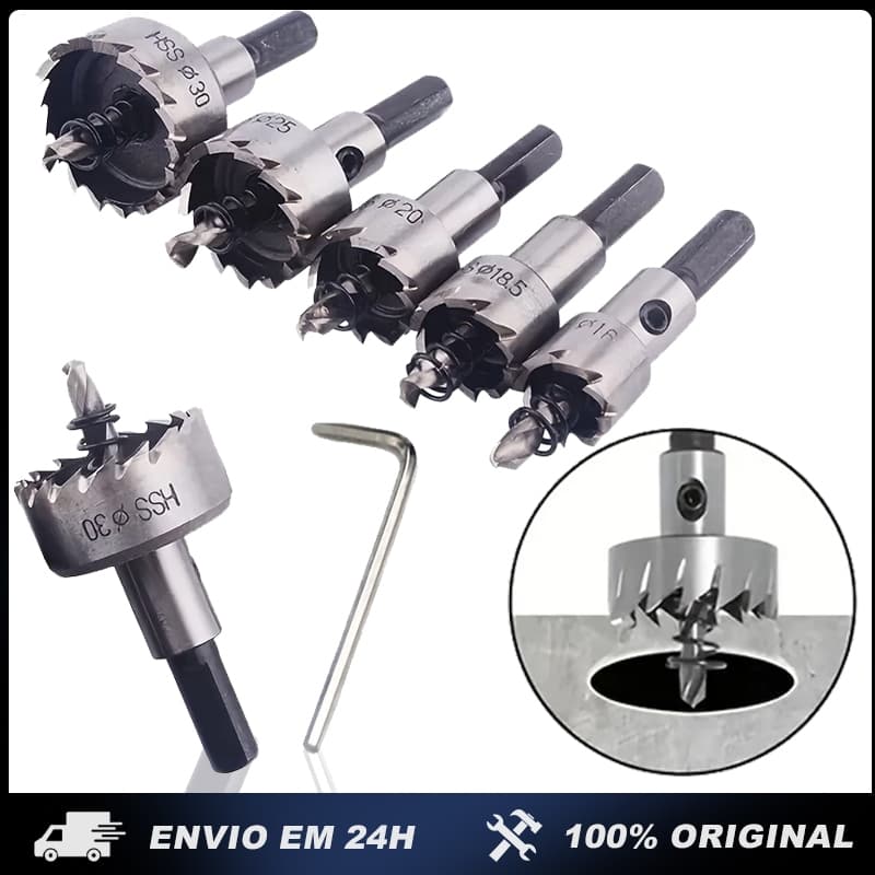 Kit 5 Brocas Serra Copo Furar Metal Aço Ferro 16 a 32mm Brocas de carboneto