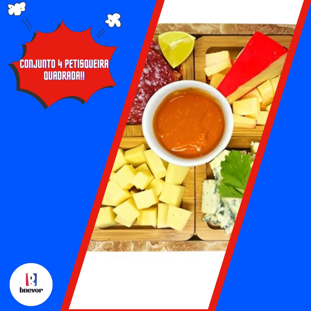 Conjunto Petisqueira Quadrada Madeira Kit 4 Unidades Serviço Aperitivo Lanches