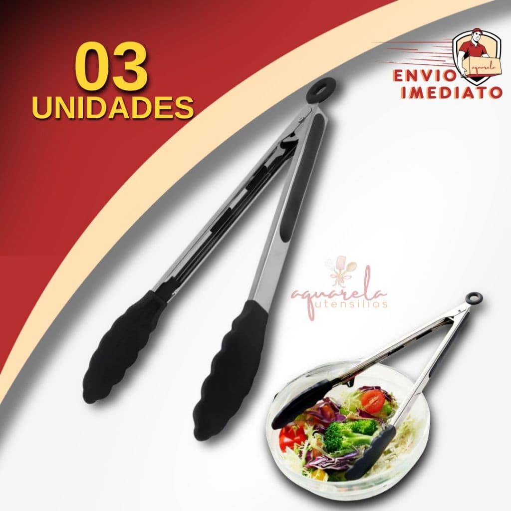 Pegador Silicone e Inox Pinça para Pegar para Saladas Carnes e Alimentos Grande com Apoio 27cm Emborrachado