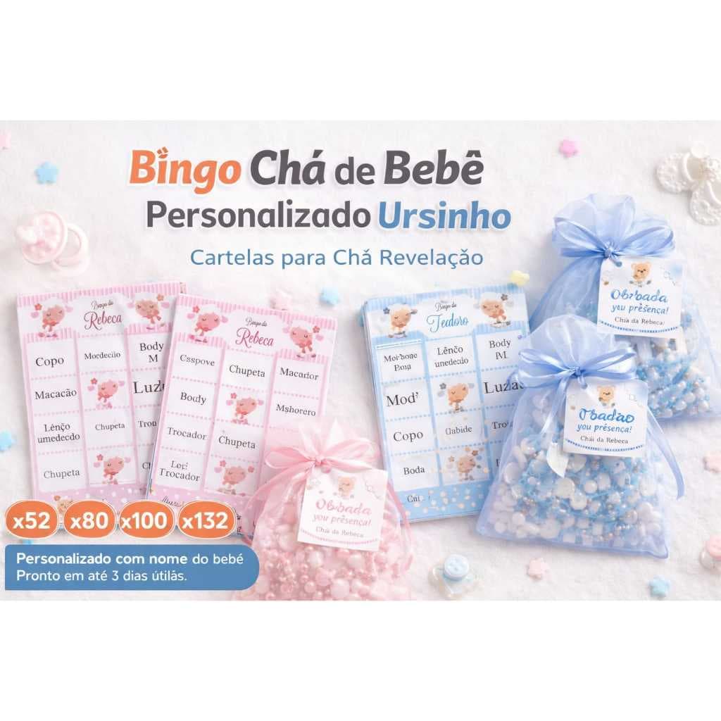Bingo Chá de Bebê Chá Revelação Personalizado | Cartelas para Festa Impresso