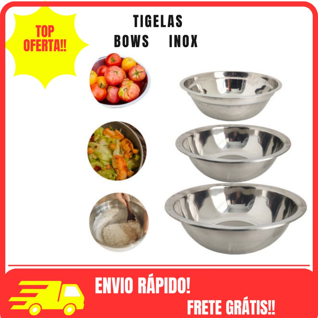 Kit 3 Tigela Bacia Bowl Redonda Aço Inox 18 a 26cm Saladeira Conjunto Vasilha Multiuso Coz Pote Pet