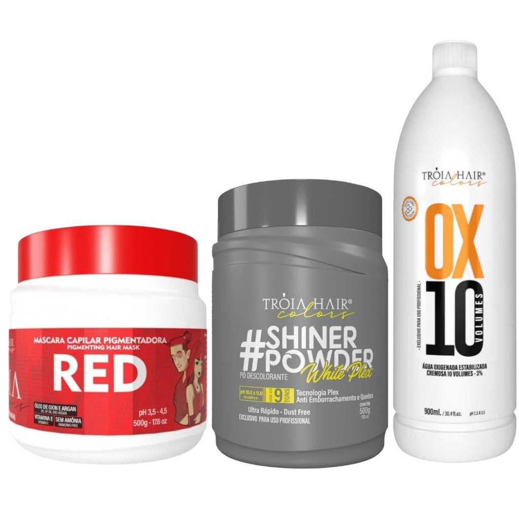 Pó Descolorante Premium 500g + OX 10 900ml + Troia Colors Red 500g - Troia Hair
