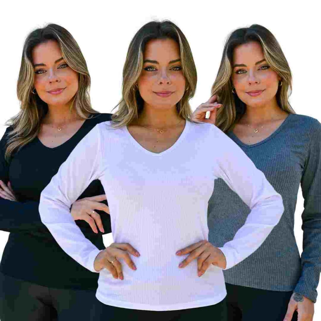 Kit 3 Blusinhas manga longa básica blusa de frio lisa feminina outono inverno