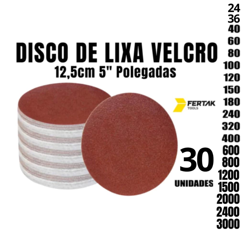 Kit 30 Disco Lixa Velcro Sem Furos 125mm Lixadeira Roto Orbital para Ferro, Metal, Madeira e Massa