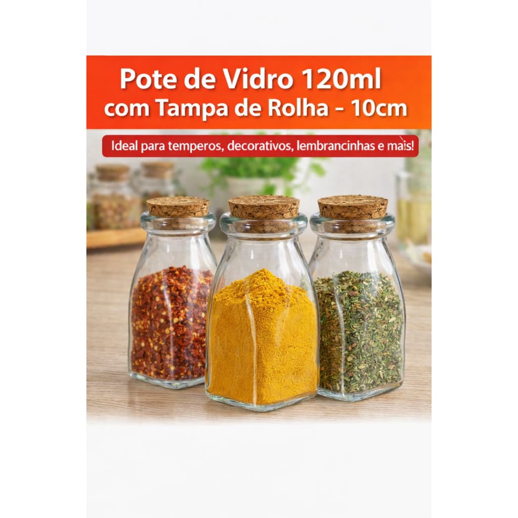 Pote de Vidro 120ml 10cm com Tampa Rolha Cortiça – Decorativo, Lembrancinha, Temperos