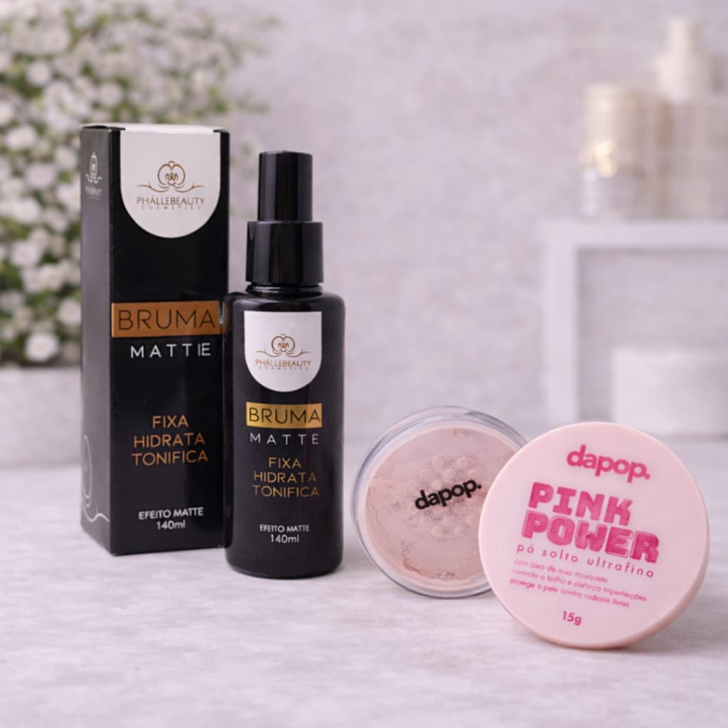 Kit Bruma Fixadora Matte PhálleBeauty + Pó Finalizador Facial Pink Power Dapop