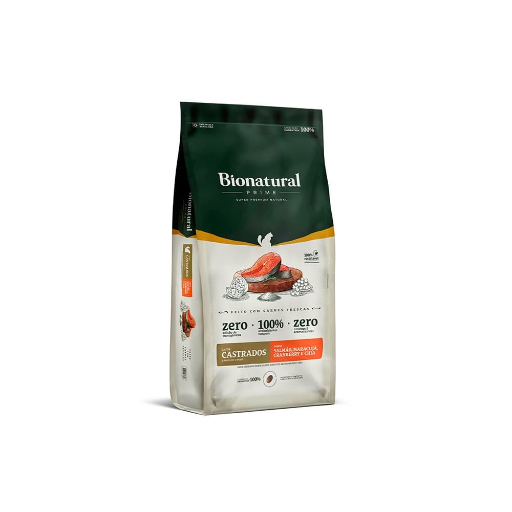 Gatos Castrados Sabor Salmao e Maracuja Raçao Para Gatos Feita Com CARNE FRESCA Bionatural - Raçao Super Premium