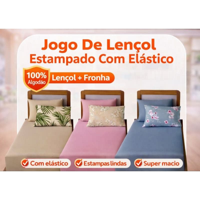 Lençol Solteiro Jogo 2 Peças Malha 100% Algodão C/Elástico Fronha Estampada