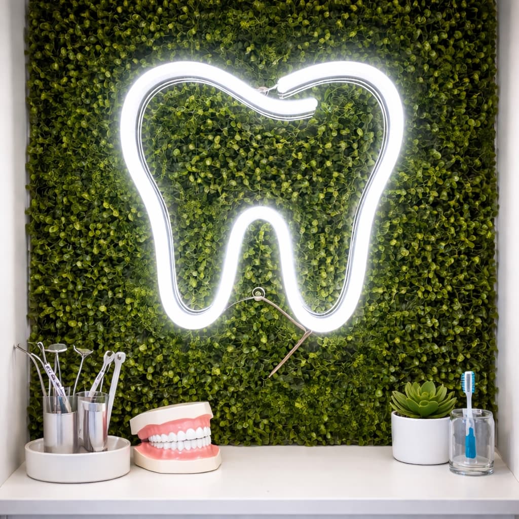 Placa Dente em Neon LED 30cm Decoração Dentista Consultório Jardim Vertical Branco Frio