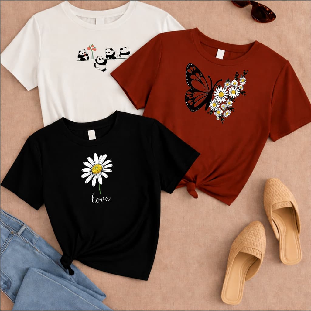 Kit 3 Camiseta Estampadas Menina Camisa Básica Do 4 ao 14 anos Algodão Leve Confortavel Panda