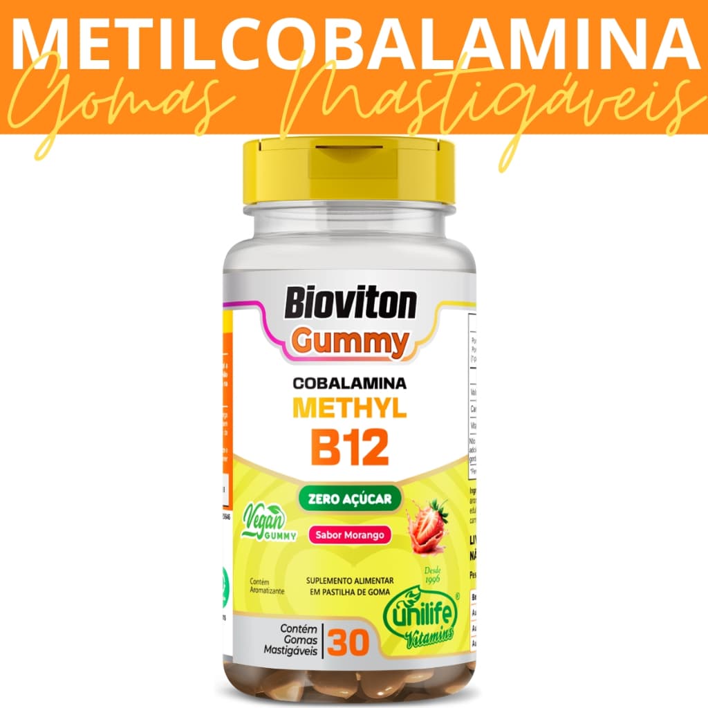 Vitamina B12 Methyl 30 Gomas Mastigáveis Metilcobalamina Gummy Sabor Morango Zero Açúcar - Unilife