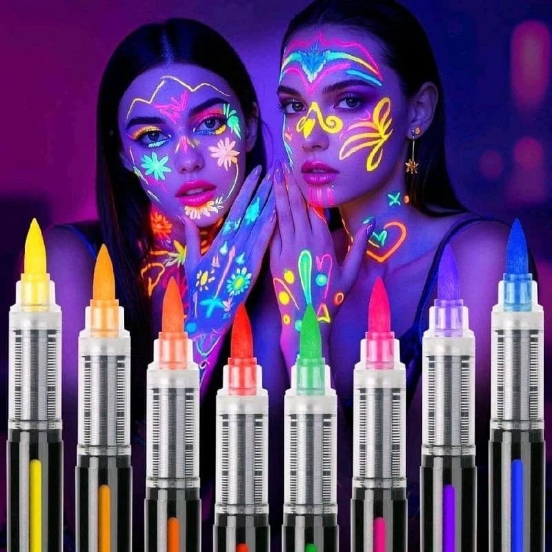 Canetas Neon UV Pintura Facial 8 Cores Fluorescente Para Luz Negra Festa Maquiagem Artística