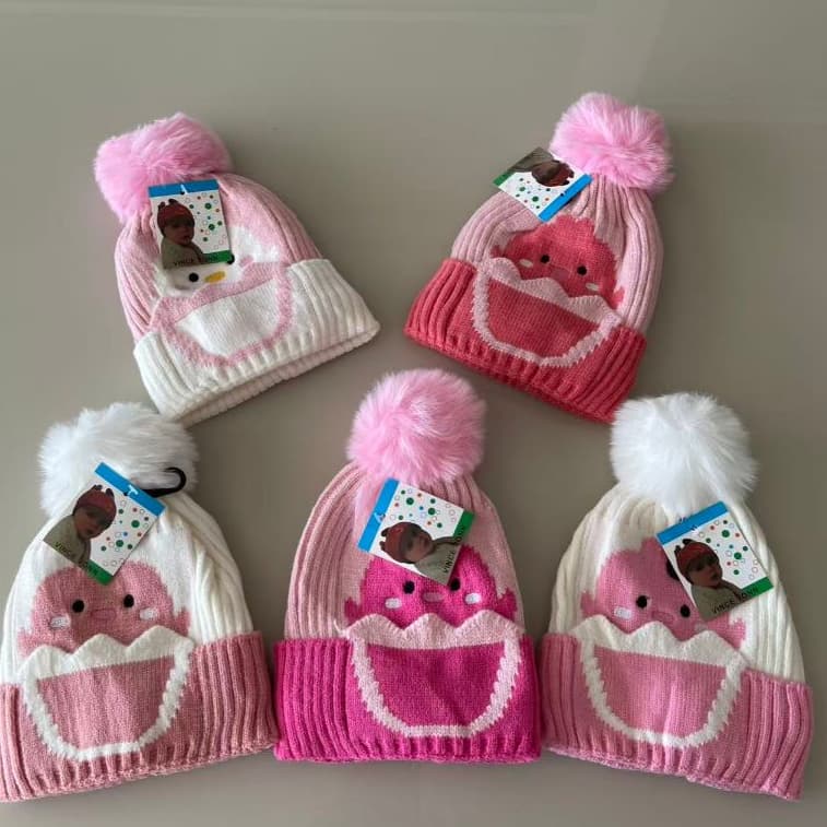 Touca Infantil Feminina de Inverno com Pompom Estampa Fofa Tricô Quente
