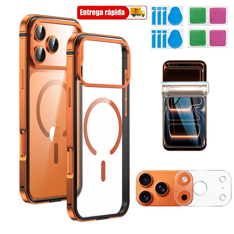 Kit 3 em 1 Capa de Alumínio para iPhone 17 Pro Max Estrutura Metálica com 2 Protetores Tela e Lente