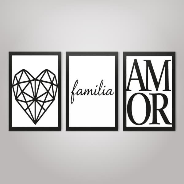 Quadro Decorativo Família Amor Coração Minimalista Moderno Sala Quarto Cozinha Parede Kit 3 Peças