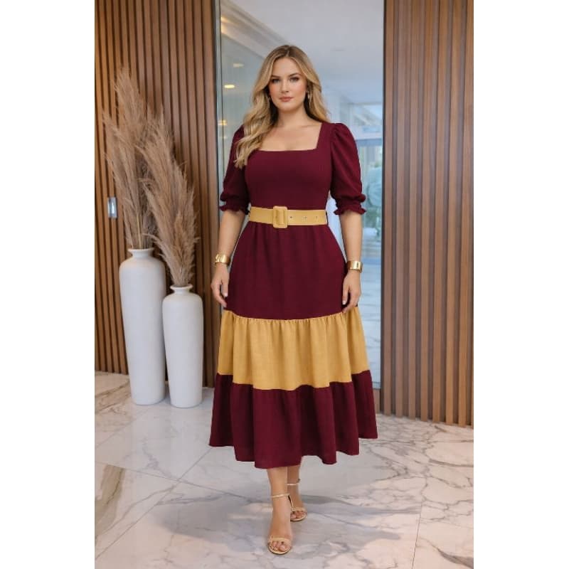 Vestido Longuete Midi Bicolor com Bojo, Manga Princesa e Cinto – Casual Chic