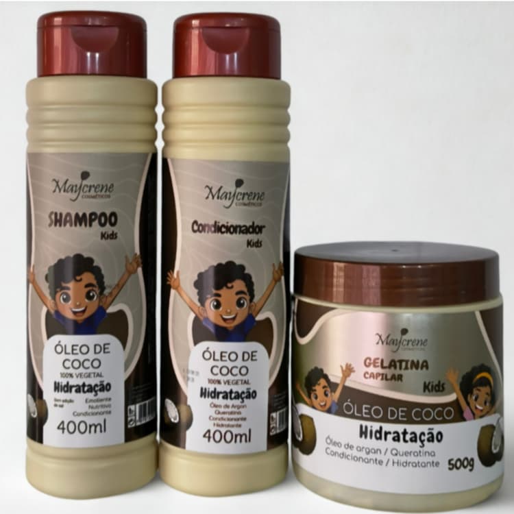 Maycrene Kids  Óleo de Coco – Shampoo, Condicionador e Gelatina para Cabelos Infantis
