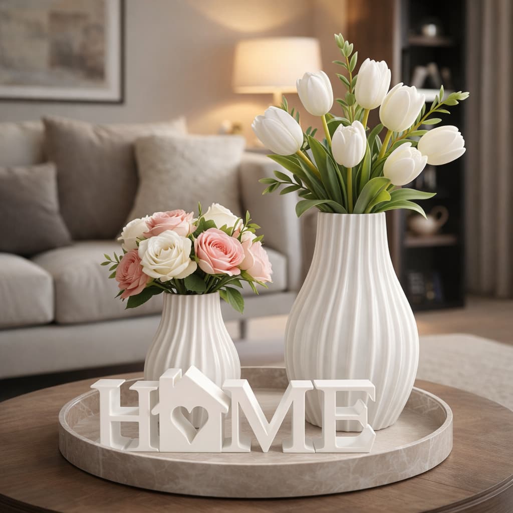 Kit 2 Vasos Decorativo Moderno + Placa Letreiro Home Branco Decoração Sala Rack Escritório Mesa