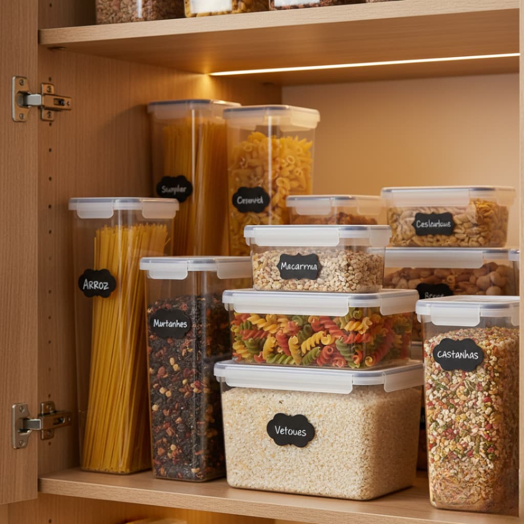 KIT Potes Herméticos Empilháveis Quadrados para Cozinha e Dispensa - Organizador de Alimentos Resistente Durável
