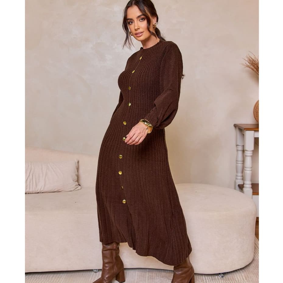 Vestido Feminino Tricô Botão Mousse Inverno Longo Casual Chic Sofisticado Canelado