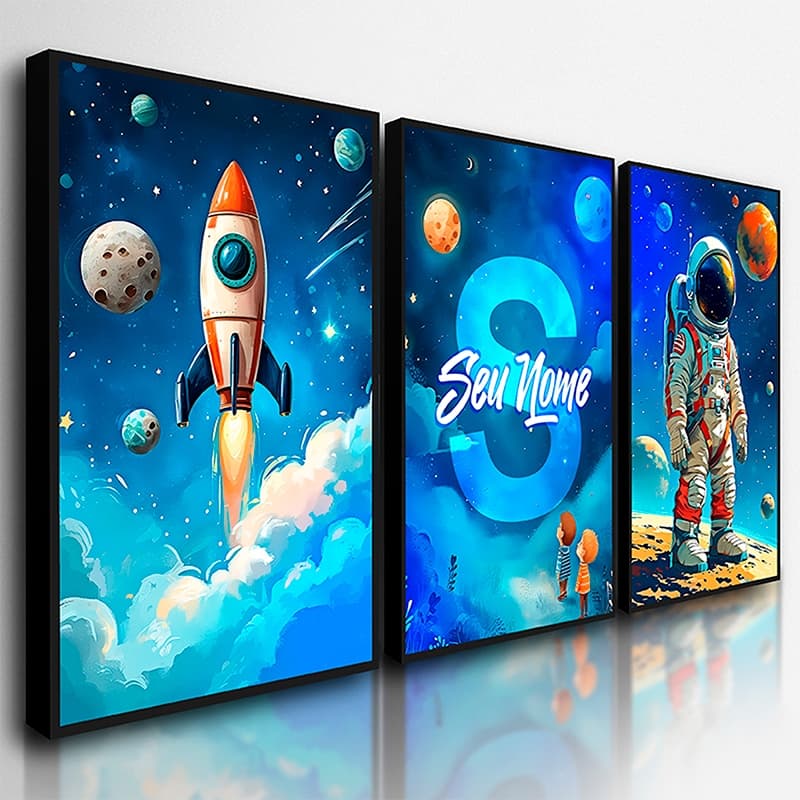 Kit 3 Quadros Astronauta Quarto Decoração Infantil Personalizado com Nome Espaço Foguete
