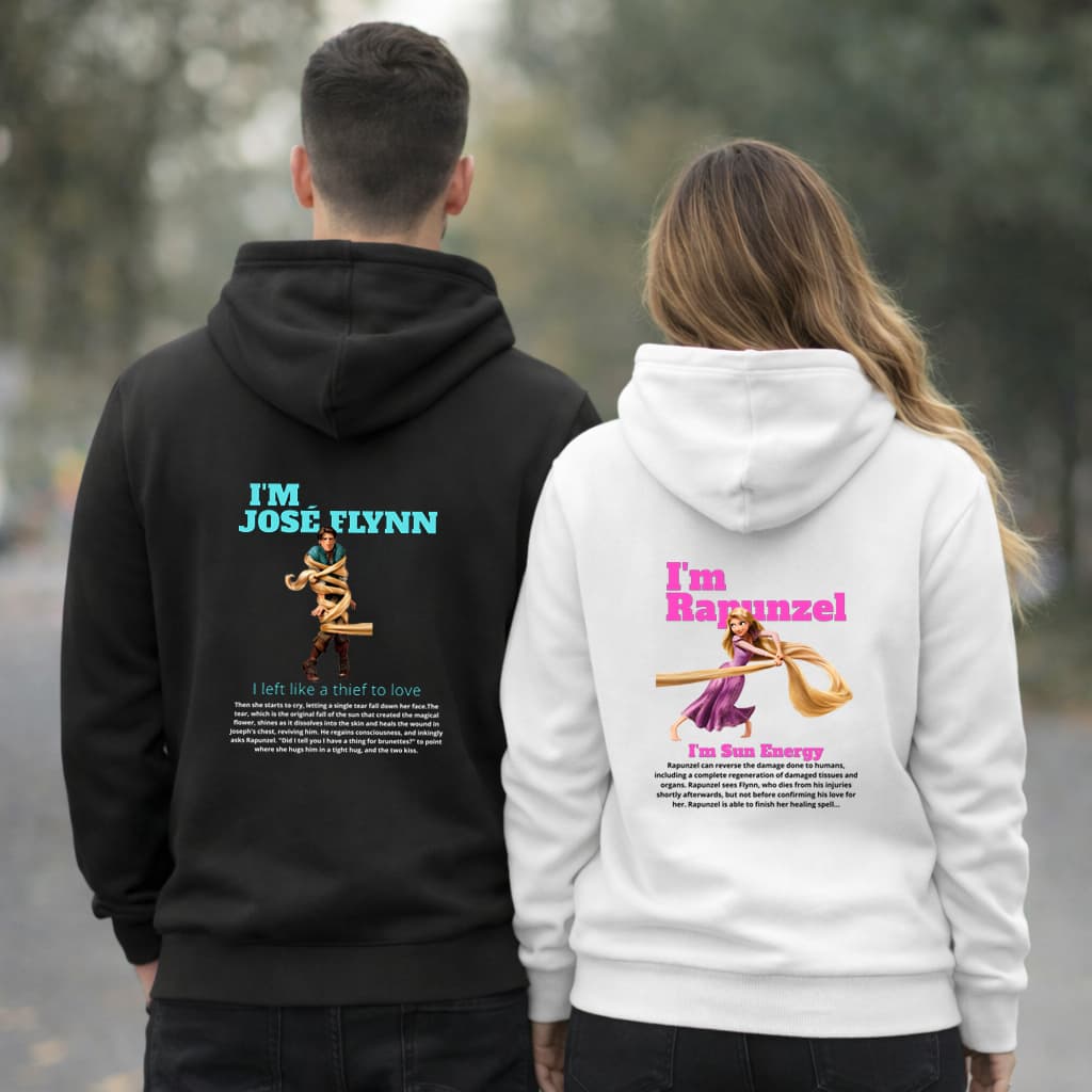 Kit Casal Blusa Moletom Canguru Com Capuz Enrolados José Flynn Rapunzel Casual Inverno