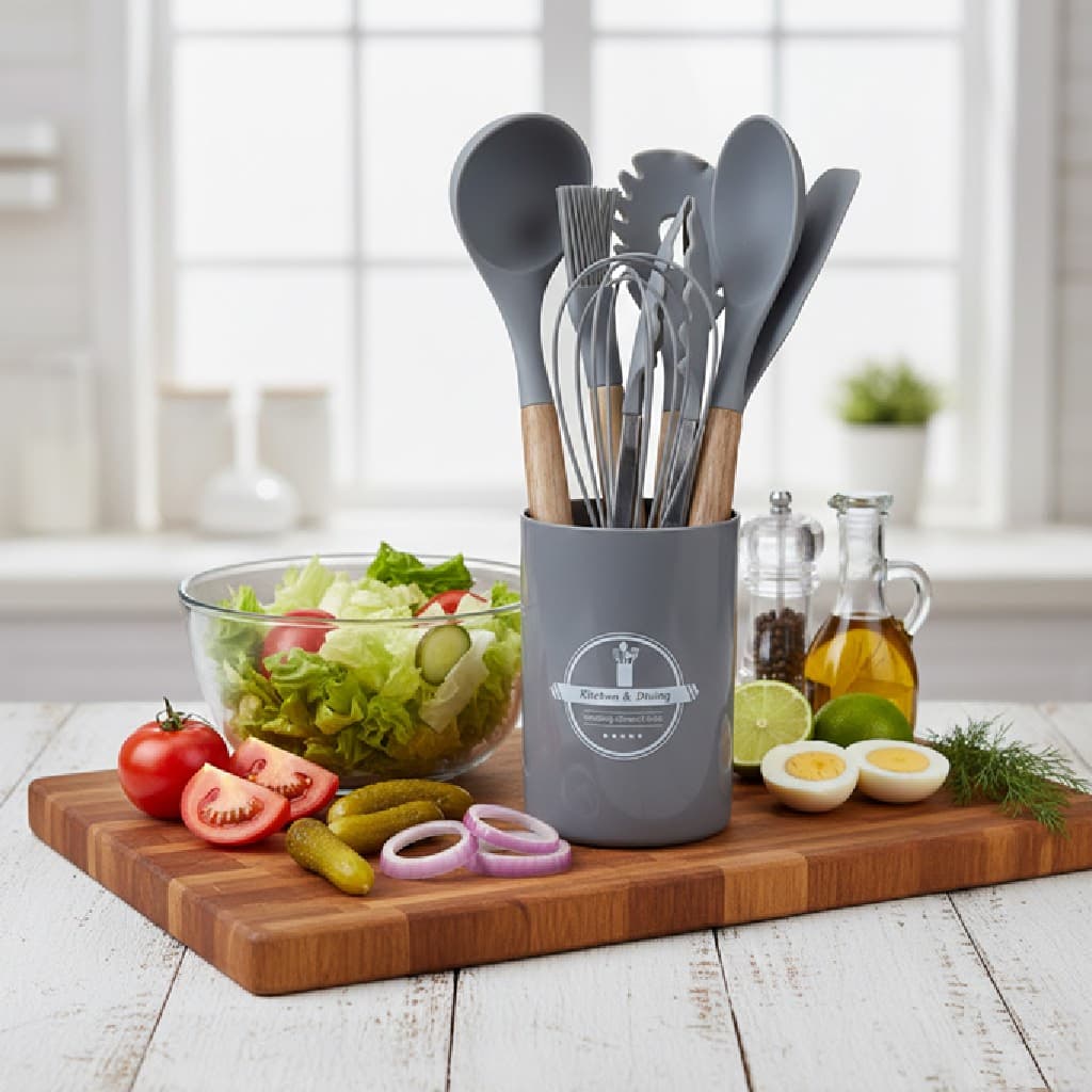 Kit Utensílios Cozinha Silicone 7 Peças Vermelho Preto Cinza Cabo Madeira Durável Prático Versátil