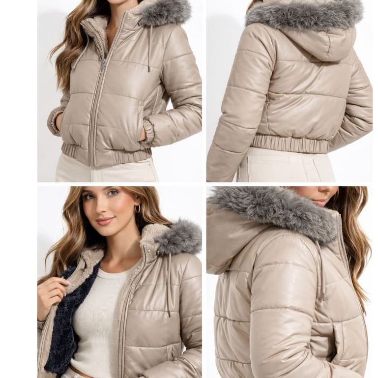 Jaqueta Puffer Cropped Feminina dupla façe Couro Fake Grossa e Forrada Iverno Com Capuz  Removivel