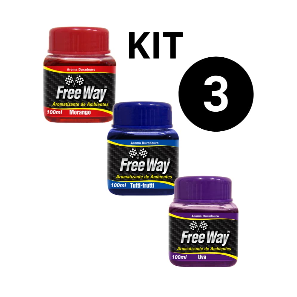 Kit 3 Aromatizante Automotivo Líquido Free Way – Uva + Morango + Tutti Frutti (Sortido) | Cheirinho para Carro