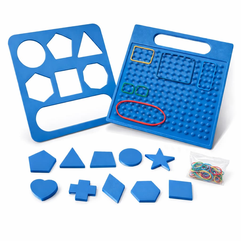 Kit Geoplano Educativo com Placa de Formas Geométricas e Elásticos Coloridos para Aprendizado Infantil Matemático