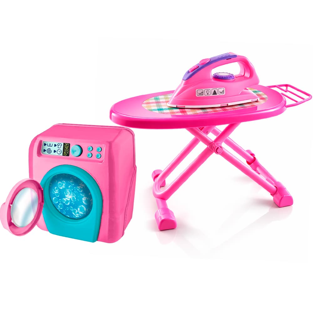 BRINCANDO DE LAVAR PASSAR KIT C/ MAQUINA DE LAVAR ROUPA TABUA DE PASSAR FERRO CABIDE  FAZ DE CONTA