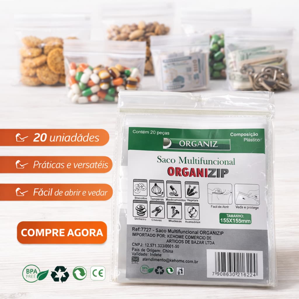 Organizador Saco Multifuncional ORGANIZIP 155x155mm – Kit com 20 Unidades