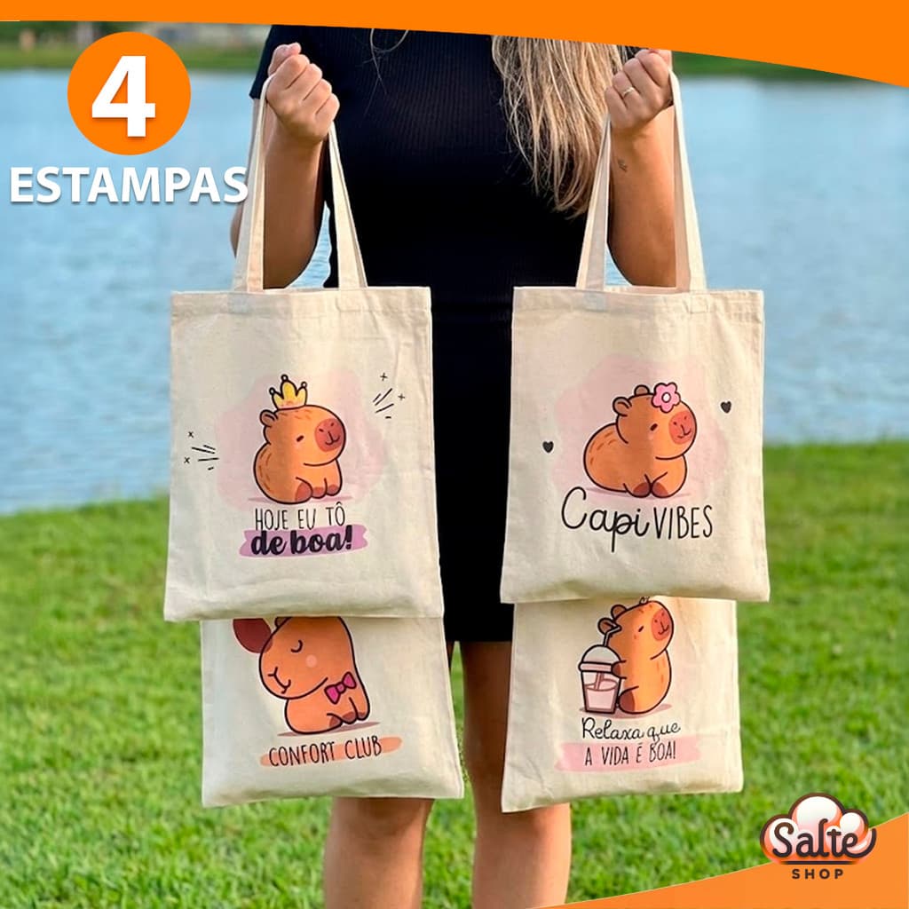 Ecobag Temática Capivara Tecido Algodão 40x37 Escola Mercado Praia 4 Estampas Divertidas Da Moda