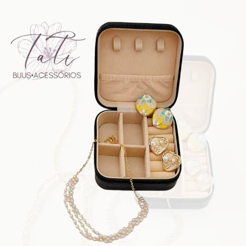 Kit Porta Joias Completo 3 Joias com Guarda Joias de Foleados 18k e Resina Dupla Premium Brincos