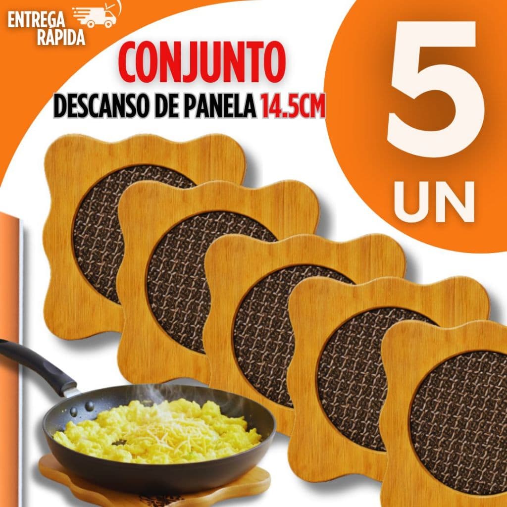 Conjunto Jogo 5 Descanso de Panela Bambu Casa Cozinha Jantar Premium Prático, Protege a Mesa Quente