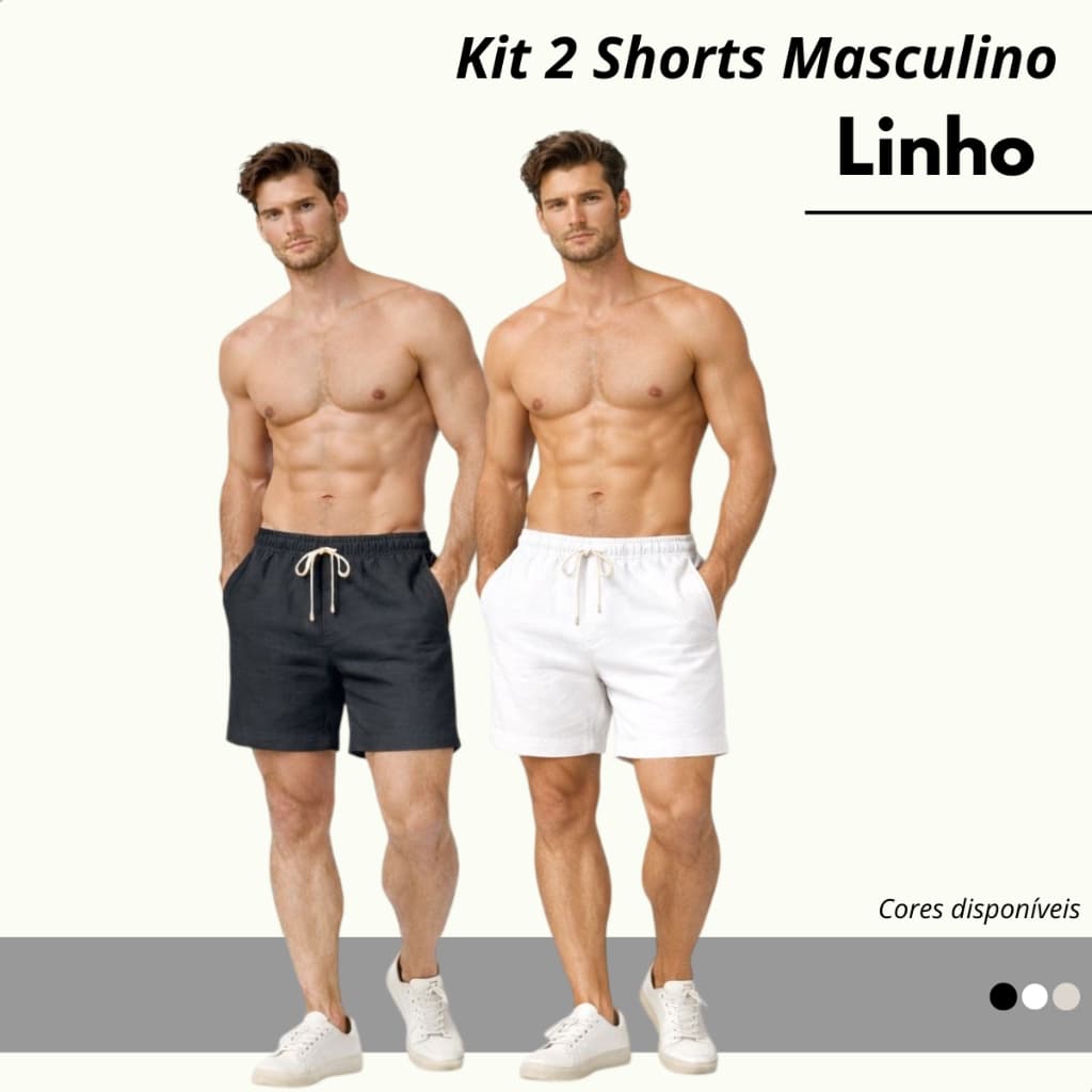 Kit 2 Shorts Bermudas Linho Masculino Leve Com Bolsos Curto Slim Verão Cordão Ajustável