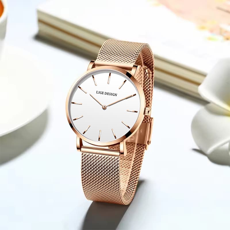 relógio de pulso feminino com movimento de quartzo modelo simples em aço inoxidável dourado rosê com pulseira