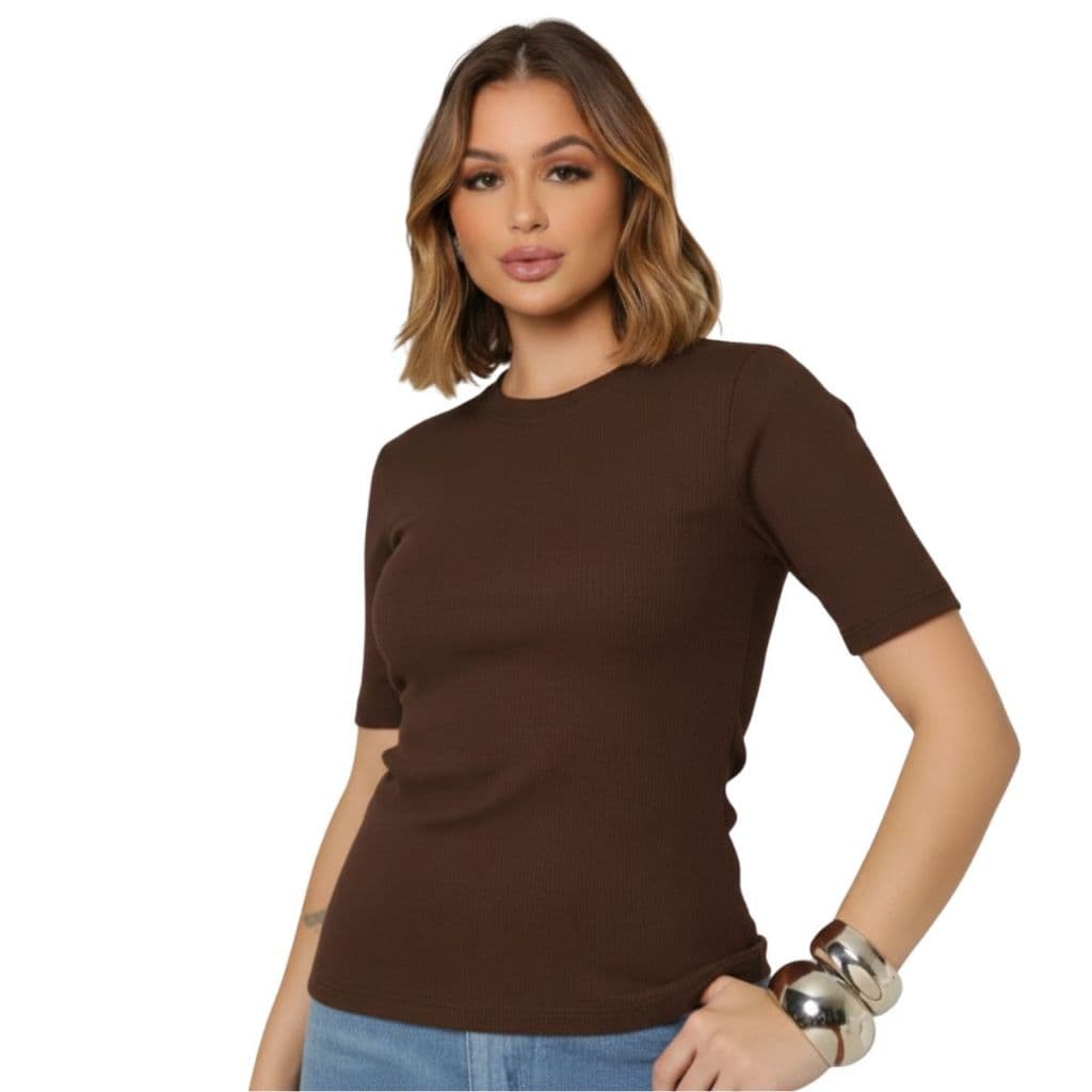 Blusa Ribana Canelada Street Slim Moderna Tendência Casual Chic Moda Gringa T-Shirt Clean