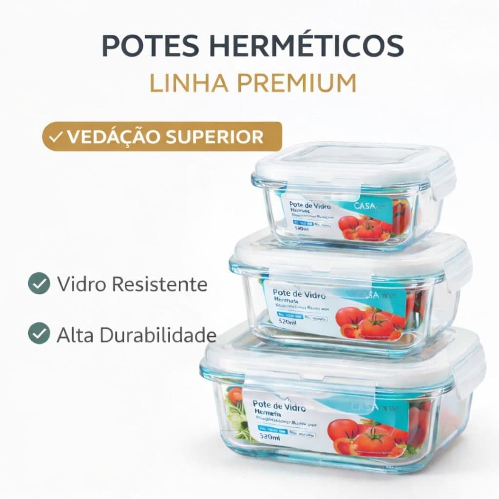 Kit Potes de Vidro Hermético 4 Travas Linha Premium - 320ml 520 ml 800 ml - Marmitas Freezer Forno