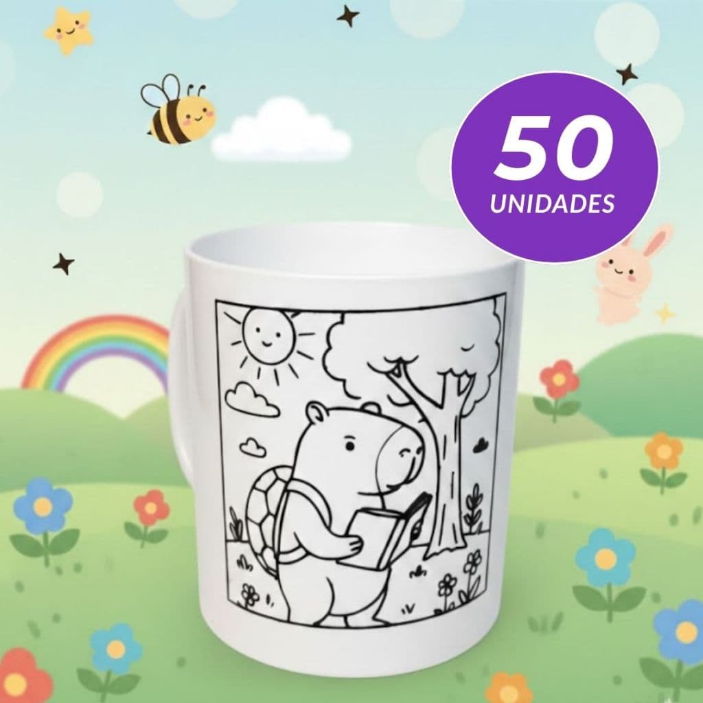 Kit 10 até 50 caneca plastica para colorir pintar desenho capivara caneca infantil escolar merenda caneca interativa